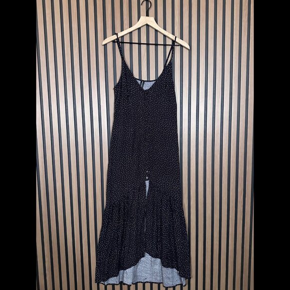 MinkPink Dress Medium Womens Black Polka Dot High Low V Neck Mermaid Midi - Picture 1 of 6